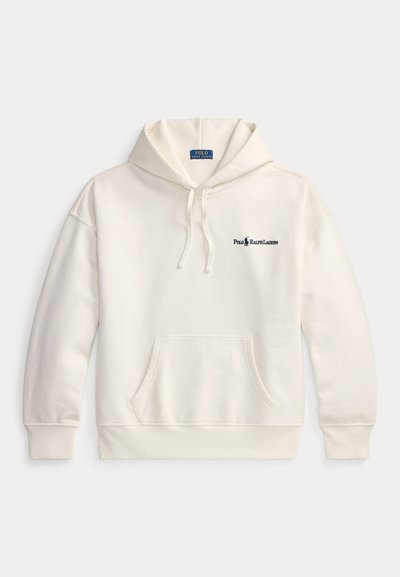 Κρεμ φούτερ με κουκούλα, τσέπη καγκουρό μπροστά, σκοινί στη κουκούλα και κεντημένο λογότυπο στο αριστερό μέρος του στήθους. Κατασκευασμένο από βαμβακερό μείγμα, με άνετη εφαρμογή.