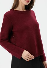 Bordeaux gebreide trui met een ronde hals, lange mouwen en knoopdetails aan de zijkanten. Gevoerde stof met geribbelde manchetten en zoom.