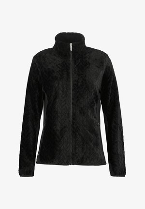 Black fleece jacket with a high collar, featuring a textured chevron pattern, zip closure, and side pockets. Soft material with contrasting sides.