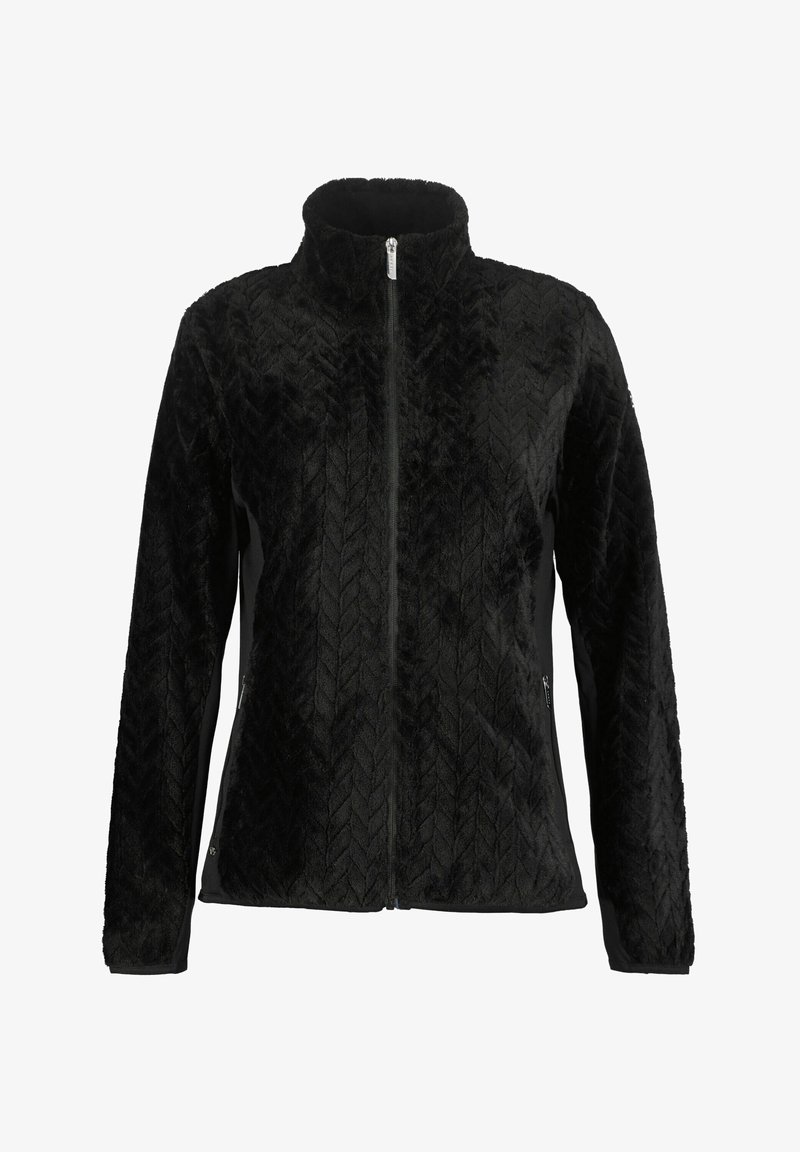 Chaqueta de forro polar negra con un cuello alto, que presenta un patrón de chevrones texturizado, cierre de cremallera y bolsillos laterales. Material suave con lados en contraste.