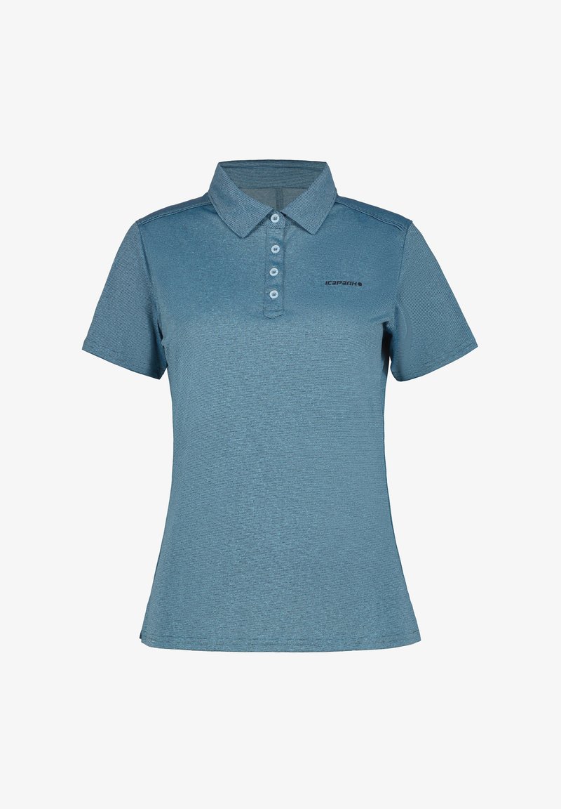 Blå polo skjorte med tekstureret finish, korte ærmer og krave. Har tre knapper og et trykt logo på venstre bryst.