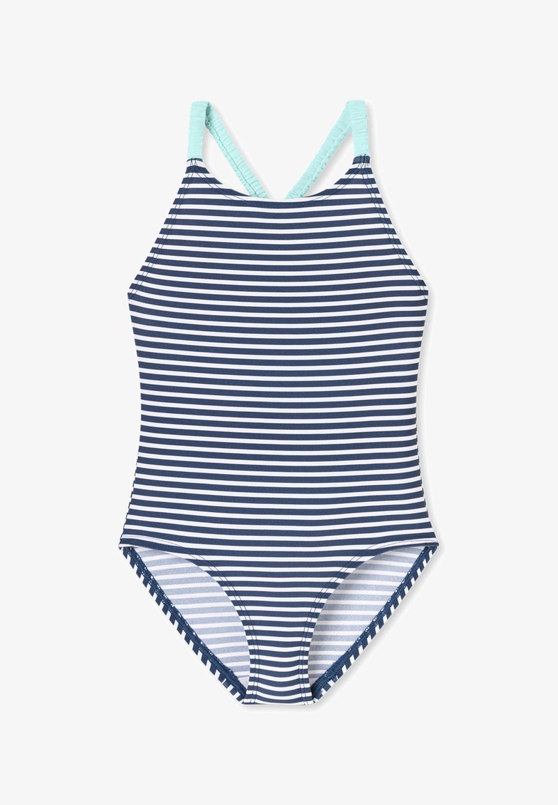 Maillot de bain une pièce rayé bleu marine et blanc avec des bretelles croisées et une bordure turquoise. Il présente une texture lisse et une coupe ajustée.