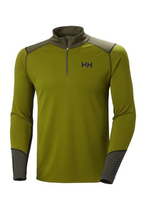 Green long-sleeve pullover with a quarter zip, textured fabric, black logo on the chest, and gray accents on shoulders and sleeves.
