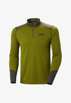 Green long-sleeve pullover with a quarter zip, textured fabric, black logo on the chest, and gray accents on shoulders and sleeves.