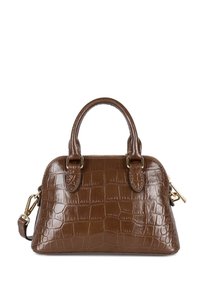 Borsa in pelle marrone con motivo coccodrillo, dotata di due manici corti, hardware dorato e tracolla removibile. Texture liscia e forma strutturata.