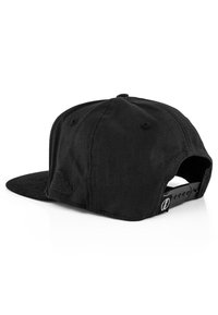 Black corduroy baseball cap with a flat brim, textured fabric, and adjustable snapback. Includes a small logo detail on the side.