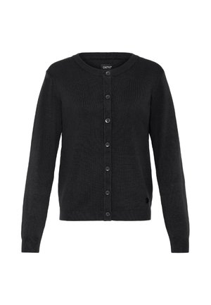 Sort strikket cardigan med rund halsudskæring, lange ærmer og knaplukning foran. Har ribbet tekstur og en lille logo-accent.