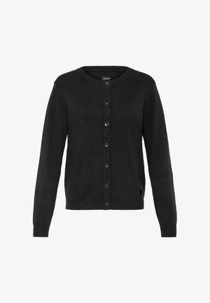 Fekete kötött kardigán kerek nyakkivágással, hosszú ujjakkal és gombos záródással. Ribbed textúrával és egy kis logóval díszítve.