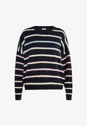 Fekete pulóver vízszintes, texturált csíkokkal pasztell színekben, beleértve a rózsaszínt, kéket és krémszínt. Kerek nyakú és laza szabású.