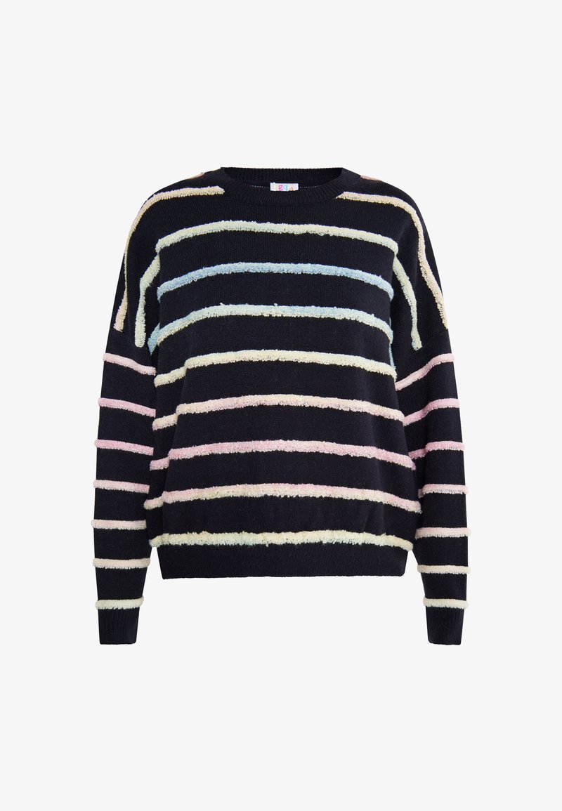 Juodas megztinis su horizontaliomis, tekstūruotomis juostelėmis šviesių spalvų, įskaitant rožinę, mėlyną ir kreminę. Apvalus kaklo iškirpimas ir laisvas siluetas.