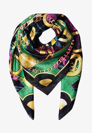 Foulard en soie avec un fond vert, violet et noir, orné de motifs de chaînes et de pièces en or, plié en une forme triangulaire ample.