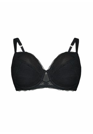 Black lace underwire bra with adjustable straps and textured pattern, designed for support and style.