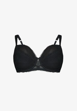 Czarny koronkowy biustonosz z fiszbinami, regulowanymi ramiączkami i fakturowanym wzorem, zaprojektowany dla wsparcia i stylu.