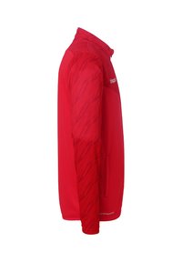 Rød sportjakke med fuld lynlås, der har teksturerede ærmer, sidelommer og høj krave. Letvægts, åndbart materiale.