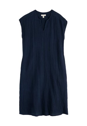 Marineblauwe, gestructureerde, mouwloze jurk met een V-hals en een losse pasvorm, kniehoog, gemaakt van lichtgewicht stof.