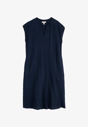 Marineblauwe, gestructureerde, mouwloze jurk met een V-hals en een losse pasvorm, kniehoog, gemaakt van lichtgewicht stof.