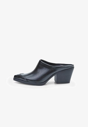 Black leather open-toe mule with a textured finish, pointed toe design, and a block heel. Smooth interior with curved sides.