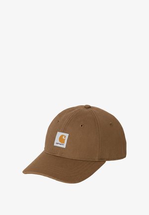 Gorra de béisbol marrón de seis paneles con visera curva y parche de logo cuadrado blanco con un icono amarillo y texto en la parte frontal.