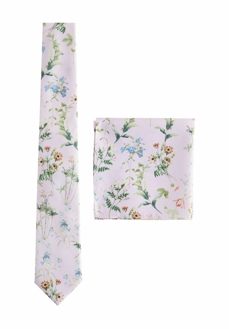 Floral-Krawatten- und Einstecktuch-Set mit hellem rosa Hintergrund, grünem Laub und bunten Blumen in einer weichen, glatten Textur.
