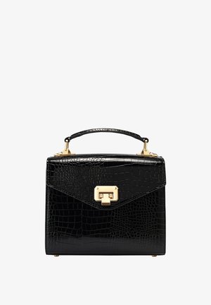 Schwarze Handtasche aus Kunstleder im Krokodil-Look mit strukturiertem Design, goldfarbenen Akzenten, einem oberen Tragegriff und einem magnetischen Klappverschluss.