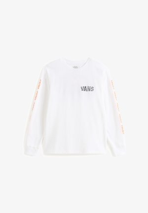 Witte lange mouwen shirt van katoen. Bevat het "VANS" logo op de borst en oranje tekst langs beide mouwen. Standaard ronde hals.