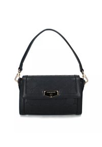 Borsa a tracolla sintetica nera con motivo a logo in rilievo, accessori in metallo color oro, chiusura a patta e tracolla singola. Forma rettangolare e superficie liscia.