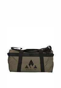 Grøn vandtæt duffelbag med sorte stropper og logo, rektangulær form, holdbart materiale, velegnet til udendørs aktiviteter.