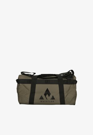 Sac de sport étanche vert avec des sangles noires et un logo, de forme rectangulaire, en matériau durable, idéal pour les activités de plein air.
