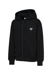 Czarna bluza z kapturem na zamek o miękkiej fakturze, z centralnym białym logo na klatce piersiowej. Posiada kaptur oraz ściągacze przy mankietach i u dołu.