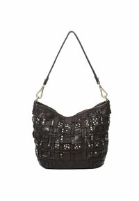 Borsa a spalla in pelle marrone scuro con design intrecciato, adornata da borchie in argento. Presenta una tracolla singola e una forma strutturata.