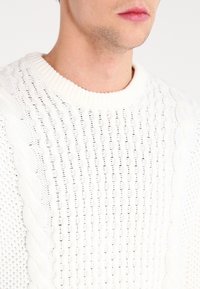 Biały sweter dzianinowy z teksturowanym wzorem, zawierający wzory warkoczowe oraz prążkowany dekolt. Gładkie wykończenie z detalami w otwartym ściegu.