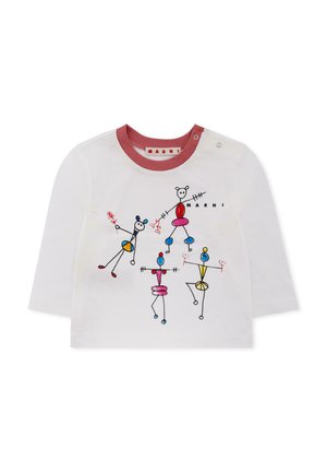 Chemise blanche à manches longues présentant des impressions de bonhommes en bâton multicolores et ludiques. Tissu en coton doux avec un col rouge et des boutons-pression.