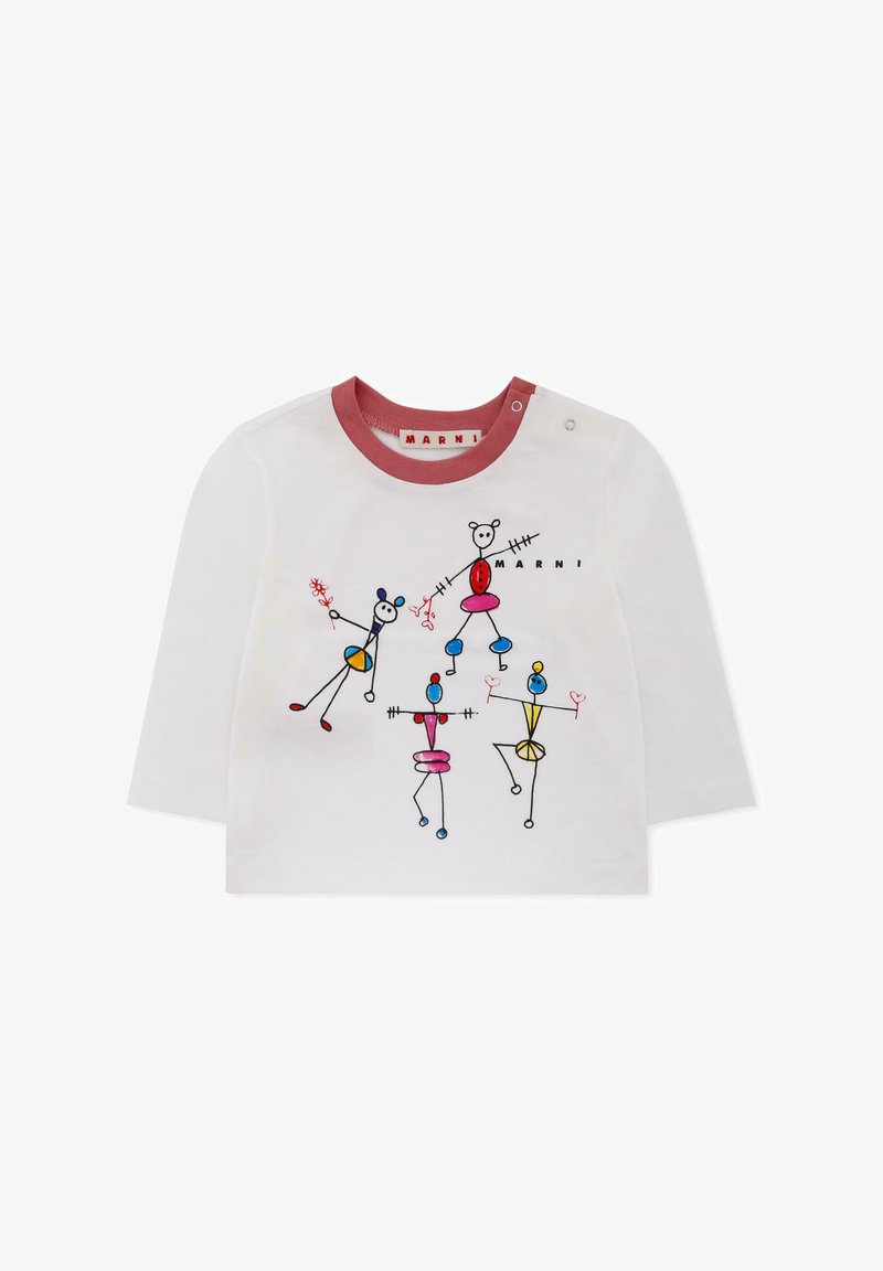 Biała koszula z długim rękawem z zabawnymi, wielokolorowymi nadrukami ludzików. Miękki materiał bawełniany z czerwonym dekoltem i detalami zatrzasków.