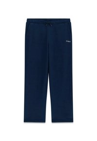 Dunkelblaue Jogginghosen aus weichem Material mit elastischem Bund und Kordelzug, Seitentaschen und einem kleinen Logo am Oberschenkel.