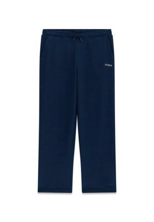 Pantalon de survêtement bleu marine en matière douce, doté d'une taille élastique avec cordon de serrage, de poches latérales et d'un petit logo sur la cuisse.
