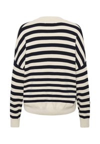 Suéter de manga larga a rayas horizontales en azul marino y blanco, con cuello redondo, visto desde atrás.