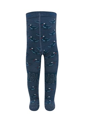 Marineblaue Kinderstrumpfhose mit kleinen Dinosauriermustern und runden Griffpolstern an Knien und Sohlen.