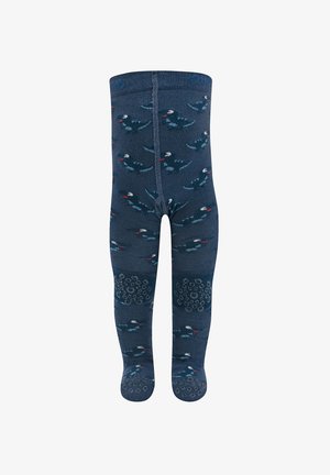 Marineblaue Kinderstrumpfhose mit kleinen Dinosauriermustern und runden Griffpolstern an Knien und Sohlen.