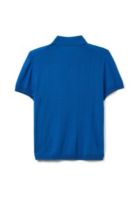 Polo shirt blu realizzato in un tessuto morbido, con colletto classico e maniche corte. Retro senza cuciture con dettagli a coste sui polsini e sull'orlo.