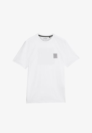 Witte katoenen t-shirt met een ronde hals, korte mouwen en een klein grijs logo op de linker borst. Glad materiaal en reguliere pasvorm.