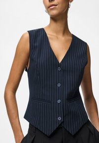 Sieviete, kas valkā tumši zilu svītrainu bezpiedurkņu pogājamo vestu ar divām priekšējām kabatām un melnām biksēm uz balta fona.