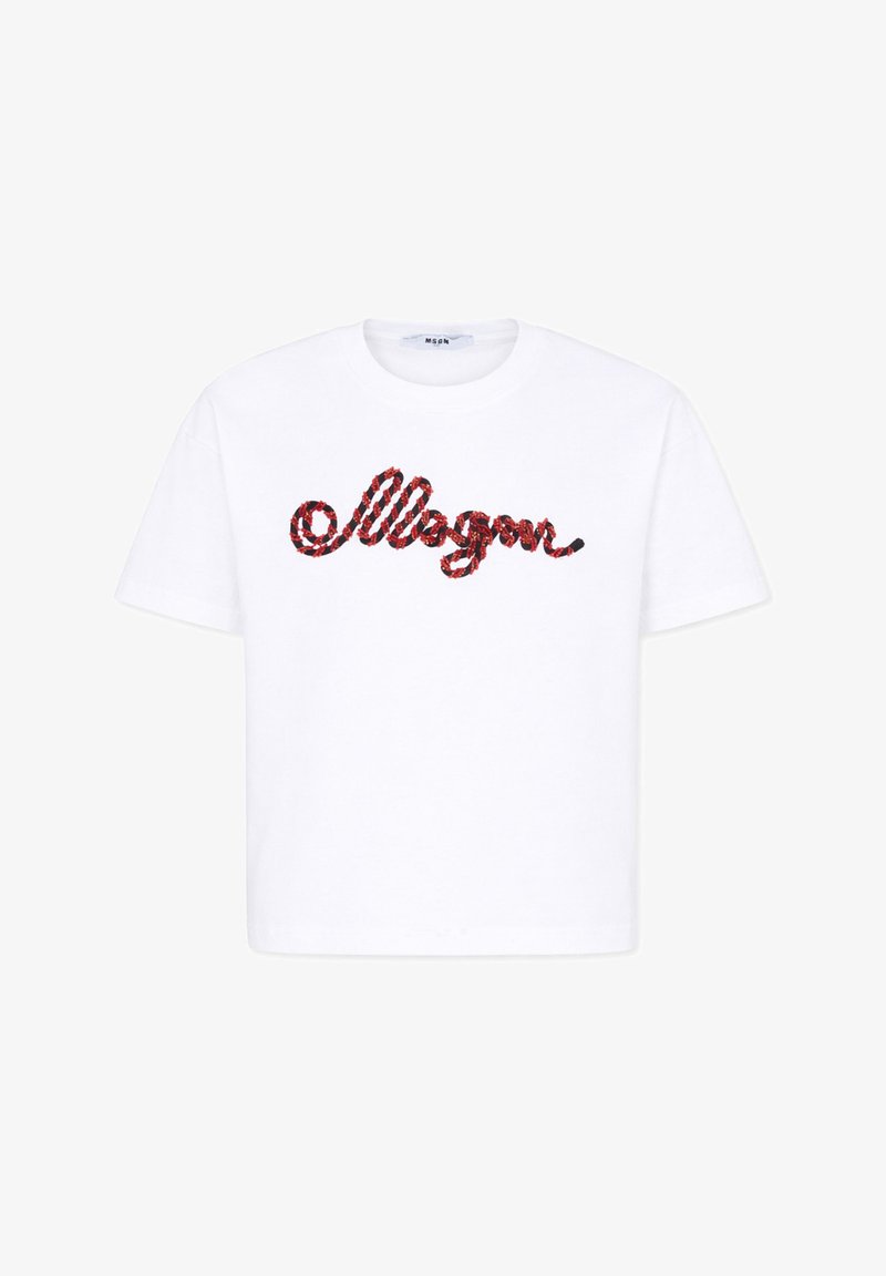 T-shirt blanc à manches courtes avec texte floral cursif rouge et noir "MSGM" sur la poitrine, col rond et coupe standard.