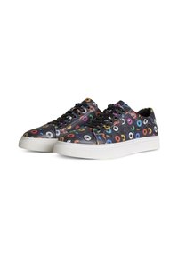 Sneakers met een zwarte basis met kleurrijke donutvormige patronen. Rubberen zool en zwarte veters. Glad materiaal met een gestructureerd oppervlak.