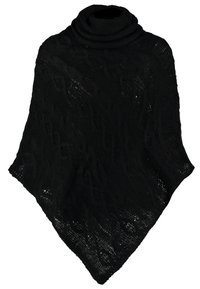 Poncho noir en maille avec col bénitier présentant des motifs torsadés et une coupe ample et drapée.