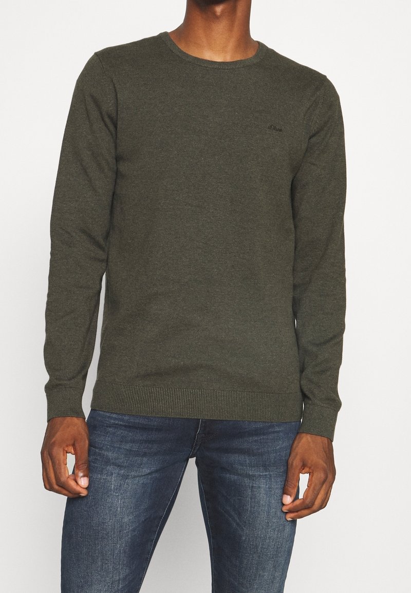 Olive green knitted sweater with a round neckline and ribbed cuffs and hem. Features subtle brand logo on the chest.