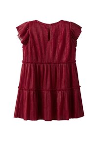 Rotes, plissiertes Kurzarmkleid mit gestuftem Rock und Schlitz mit Knopfverschluss auf der Rückseite.