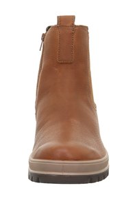 Bottine en cuir marron à finition lisse, avec un bout arrondi, un languette de traction à l'arrière et une semelle en caoutchouc avec rainures antidérapantes. Fermeture à glissière latérale.