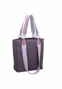 Draagtas in donkerpaars canvas met lichtpaarse en blauwe banden. Heeft een zachte textuur, versterkte stiksels en zilveren hardwareaccenten.