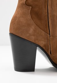 Brun ruskindsankelstøvle med et buet design, sort træhæl og lynlåsdetalje i siden. Glat tekstur og rene linjer er bemærkelsesværdige træk.