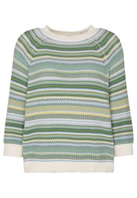 Gebreide trui met afwisselende strepen in groen, blauw, geel en crème. Heeft een ronde halslijn en ribgebreide mouwen en onderrand.